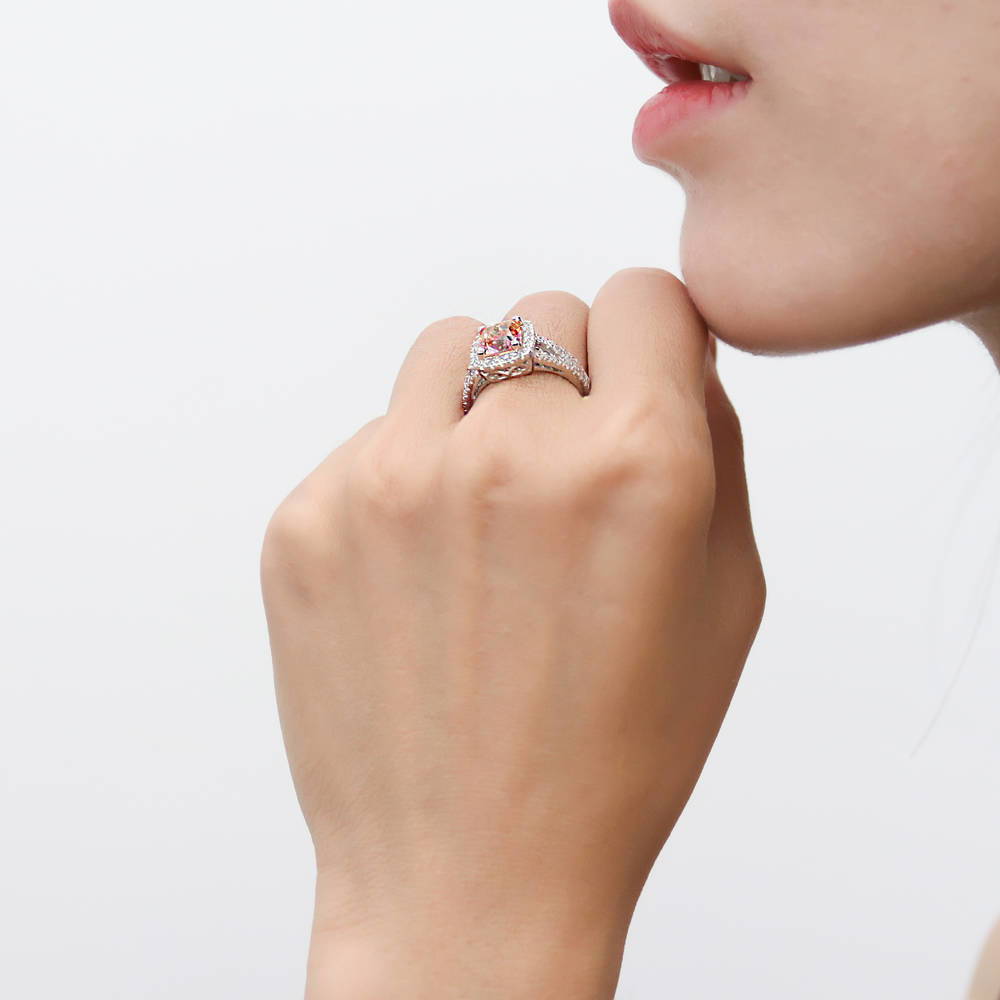 Model wearing Halo Red Orange Cushion CZ Split Shank Ring in Sterling Silver, 3 of 9
