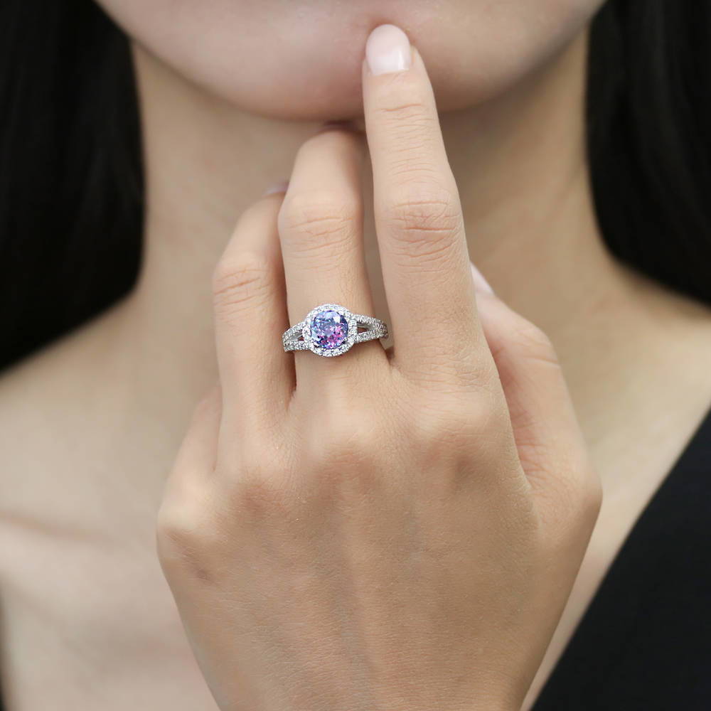 Model wearing Halo Purple Aqua Round CZ Split Shank Ring in Sterling Silver