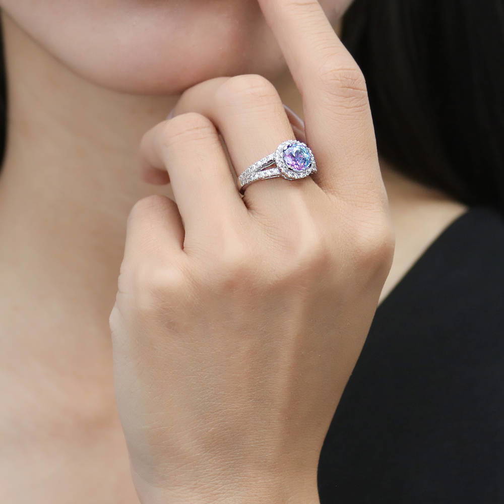 Model wearing Halo Purple Aqua Round CZ Split Shank Ring in Sterling Silver