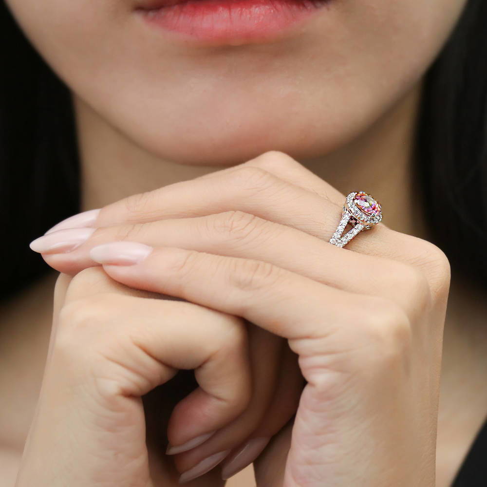 Model wearing Halo Red Orange CZ Split Shank Ring in Sterling Silver, 7 of 9