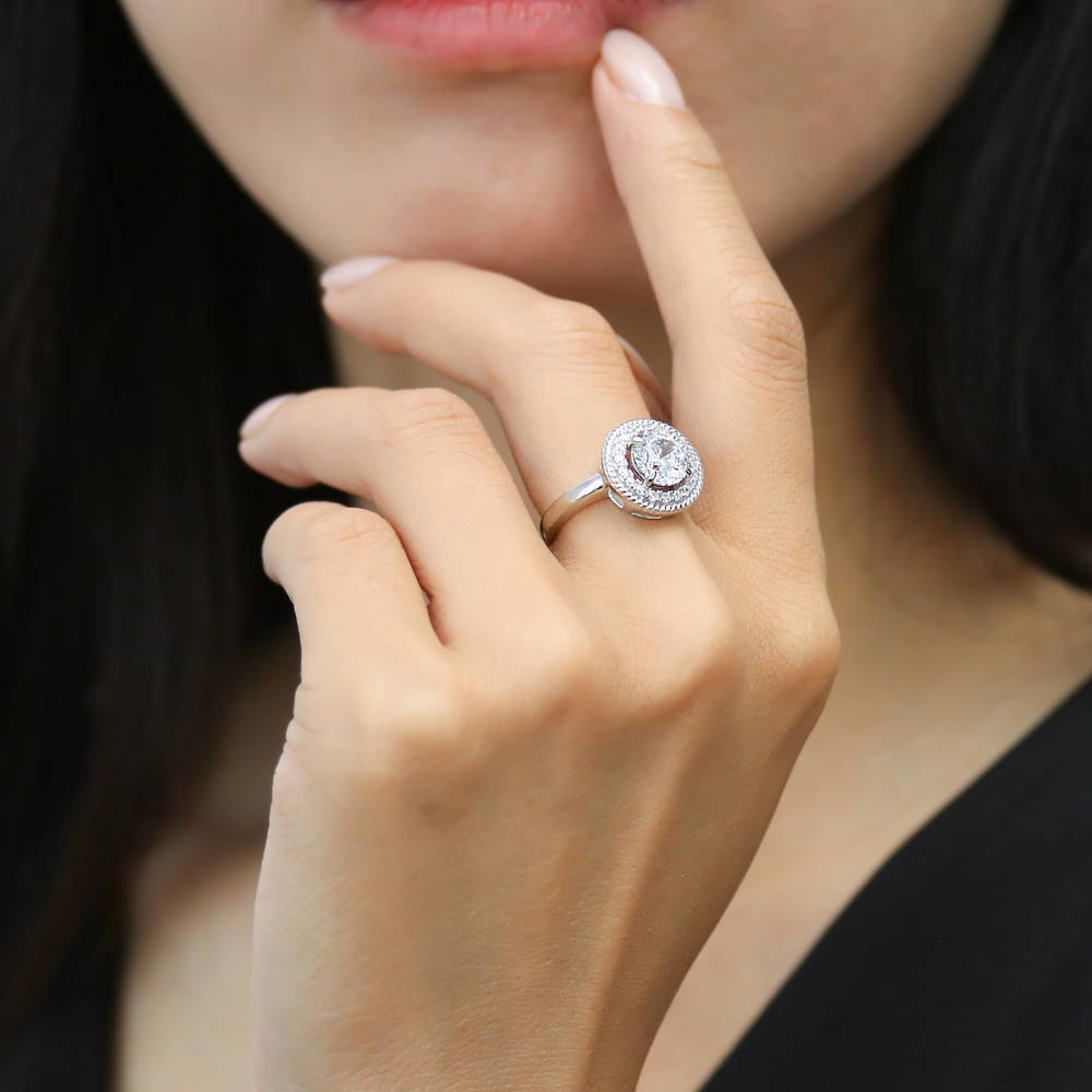 Model wearing Halo Cable Art Deco CZ Ring in Sterling Silver, 6 of 9