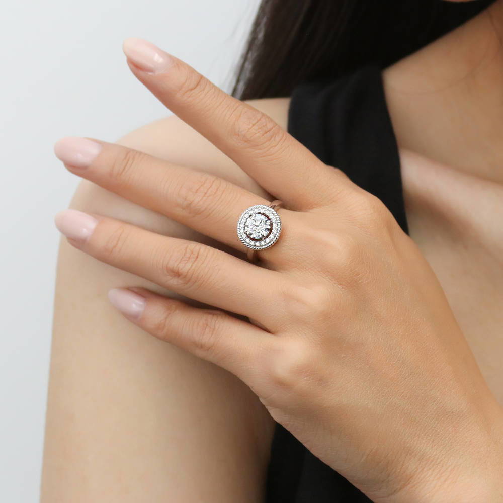Model wearing Halo Cable Round CZ Ring in Sterling Silver, 2 of 9