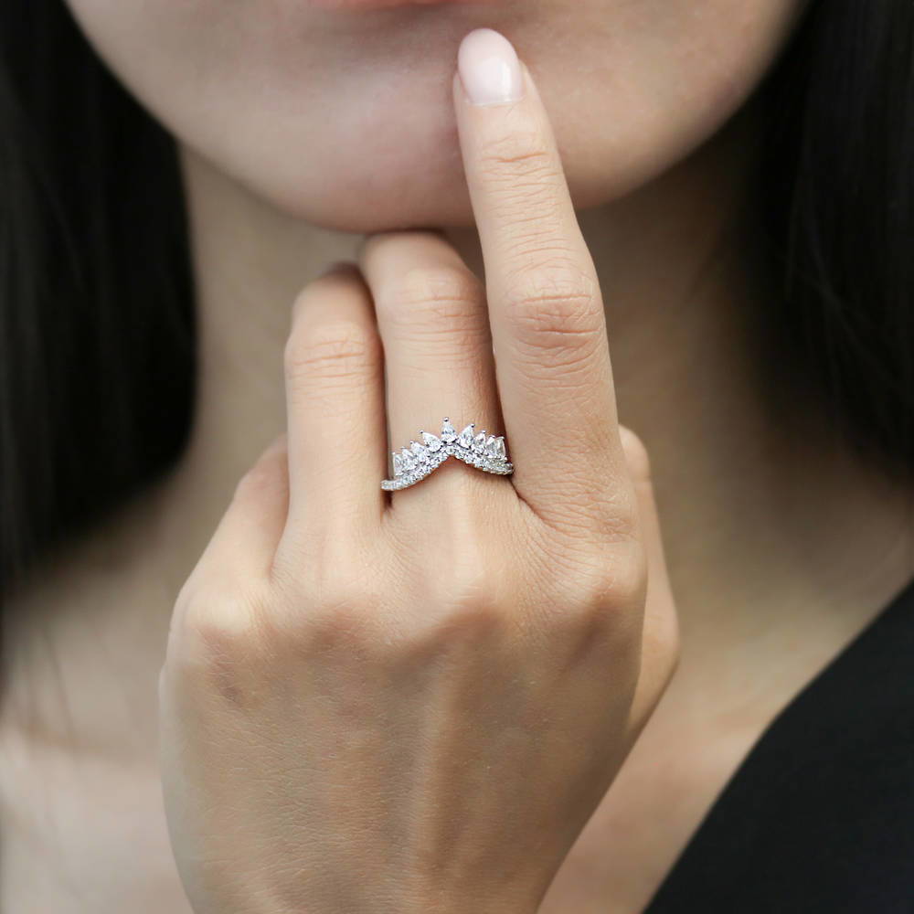 Model wearing Wishbone Crown CZ Curved Half Eternity Ring in Sterling Silver, 2 of 9