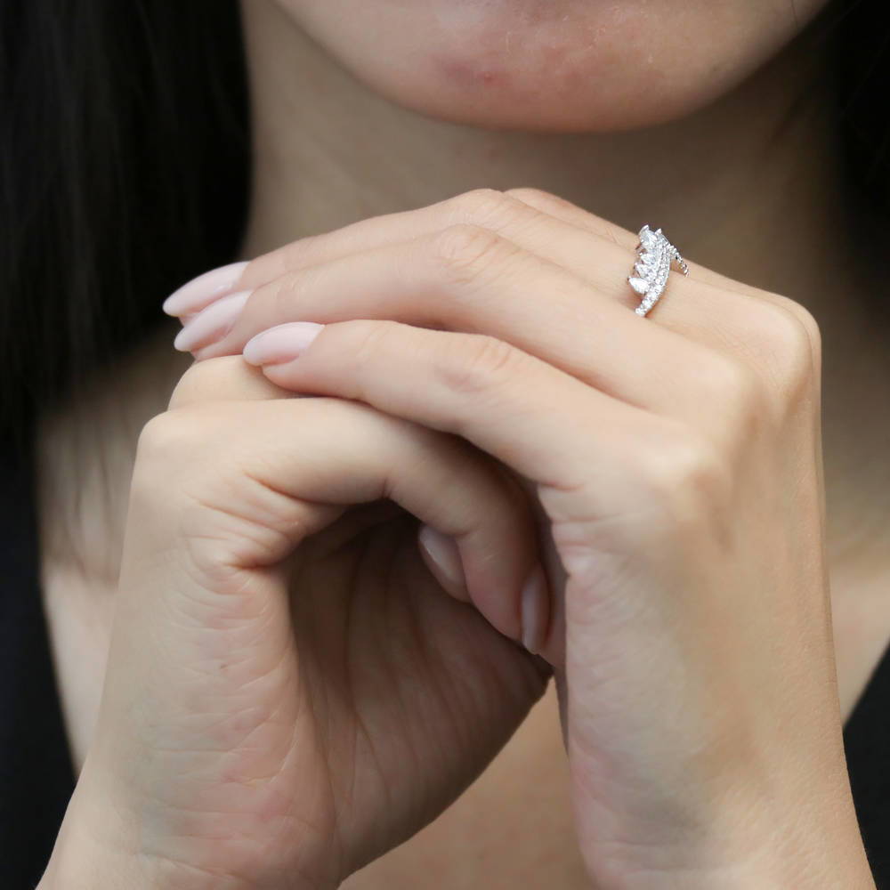 Model wearing Wishbone Crown CZ Curved Half Eternity Ring in Sterling Silver, 8 of 9