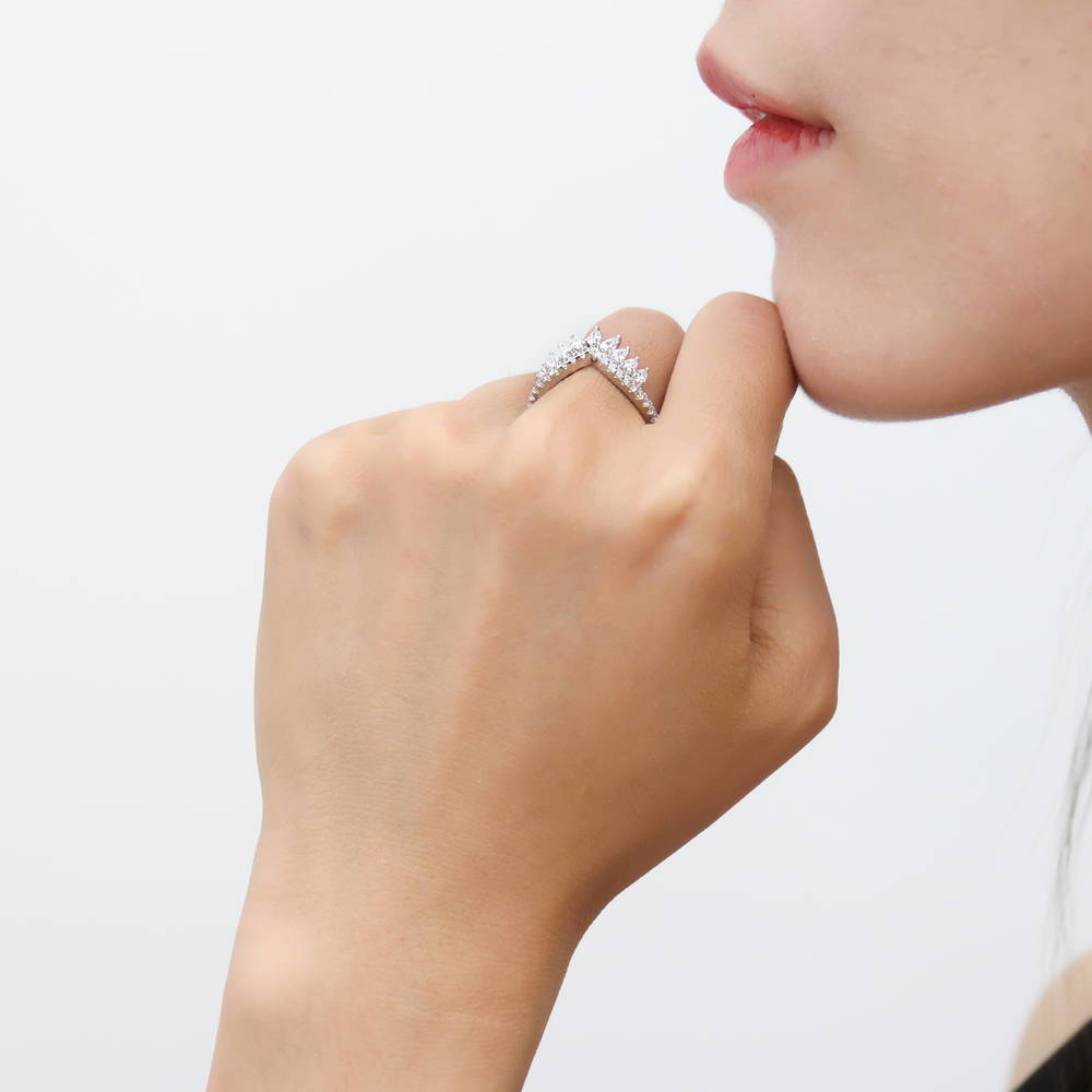 Model wearing Wishbone Crown CZ Curved Half Eternity Ring in Sterling Silver, 6 of 9