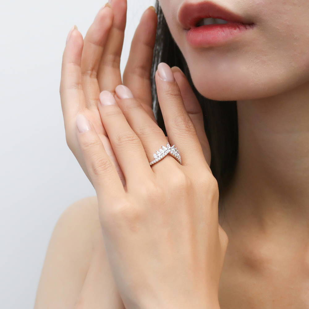 Model wearing Wishbone Crown CZ Curved Half Eternity Ring in Sterling Silver, 5 of 9