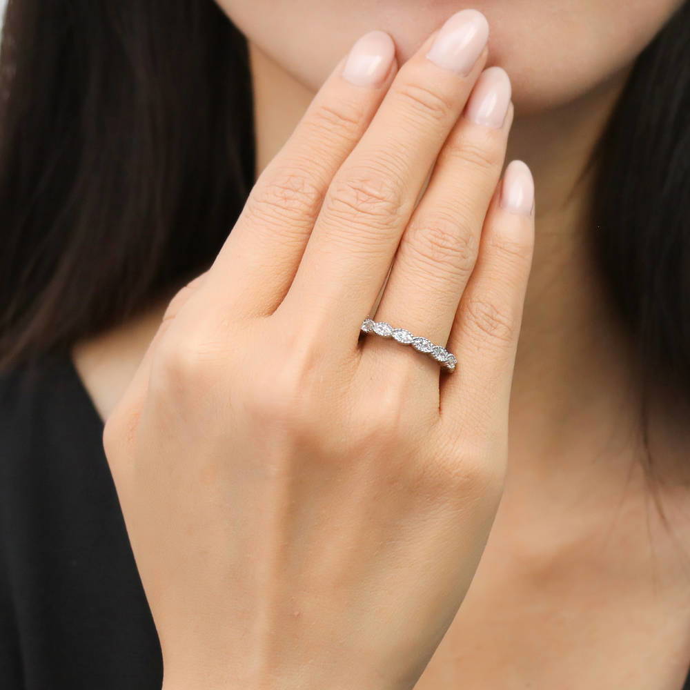 Model wearing Bezel Marquise CZ Eternity Ring in Sterling Silver, 2 of 8