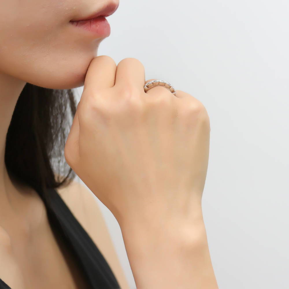 Model wearing Bezel Marquise CZ Eternity Ring in Sterling Silver, 3 of 8