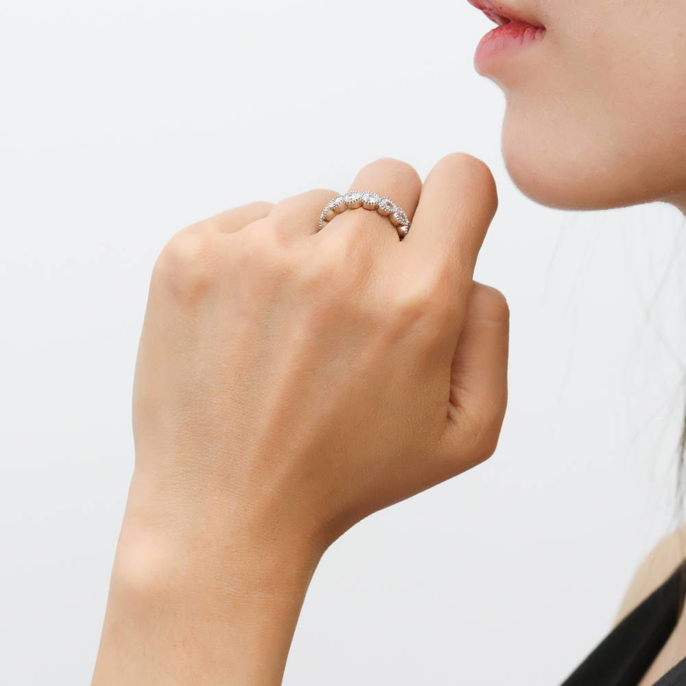 Model wearing Bezel Pear CZ Eternity Ring in Sterling Silver, 3 of 8