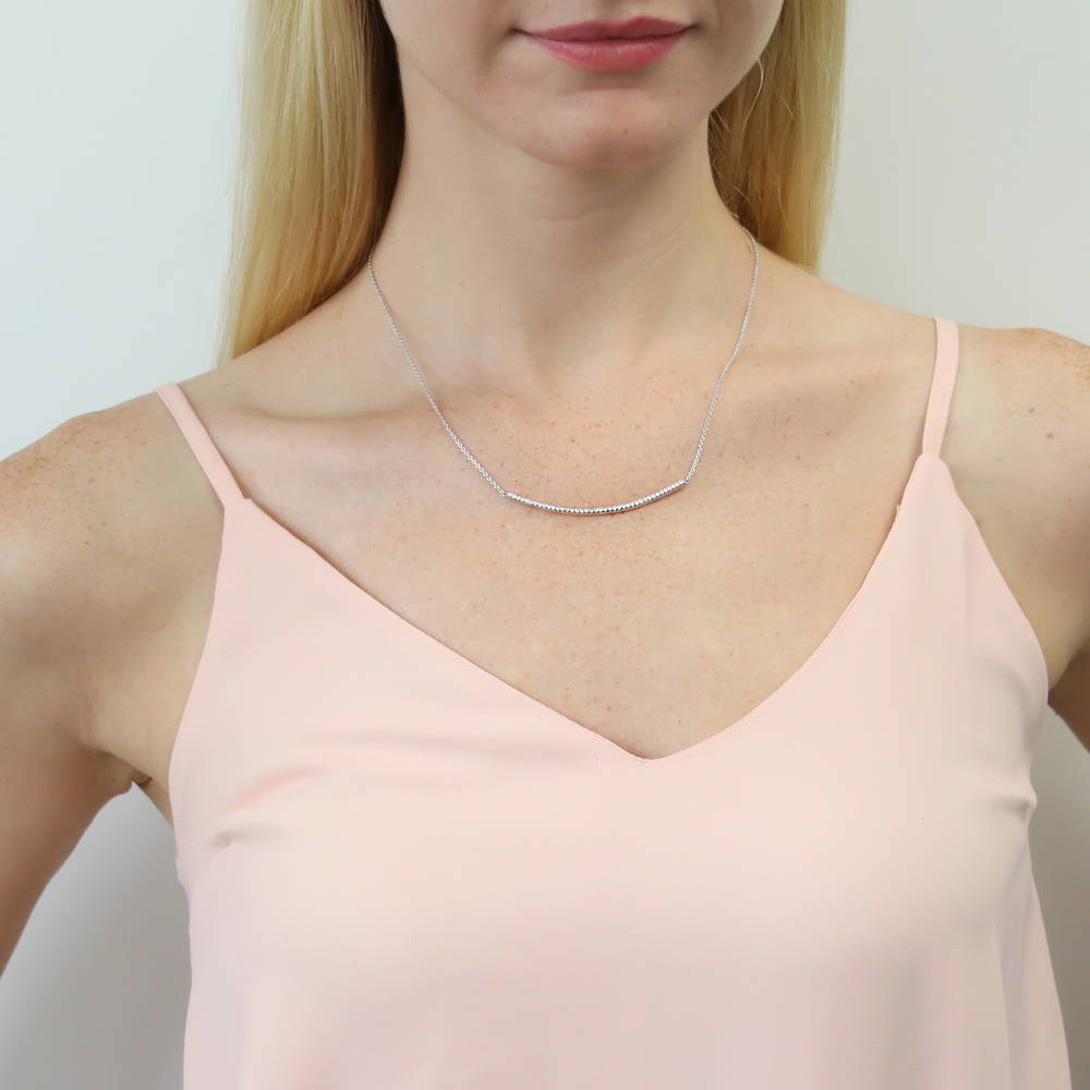 Model wearing Bar CZ Pendant Necklace in Sterling Silver, 2 of 6