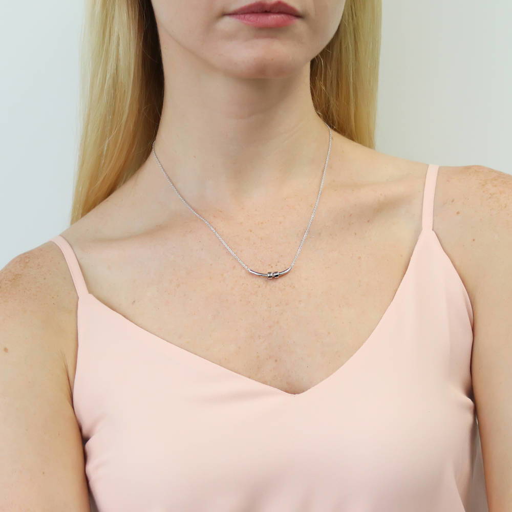 Model wearing Bar Pendant Necklace in Sterling Silver, 2 of 6