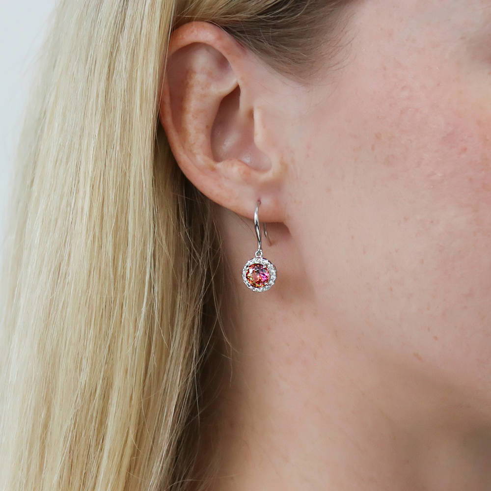 Model wearing Halo Kaleidoscope Round CZ Fish Hook Dangle Earrings in Sterling Silver, 3 of 6