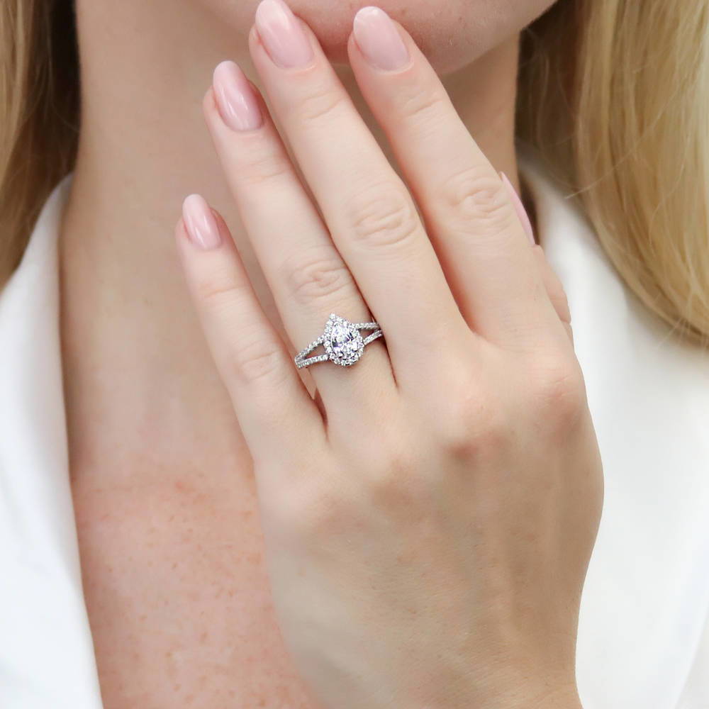 Model wearing Halo Wishbone Pear CZ Split Shank Ring Set in Sterling Silver, 11 of 20