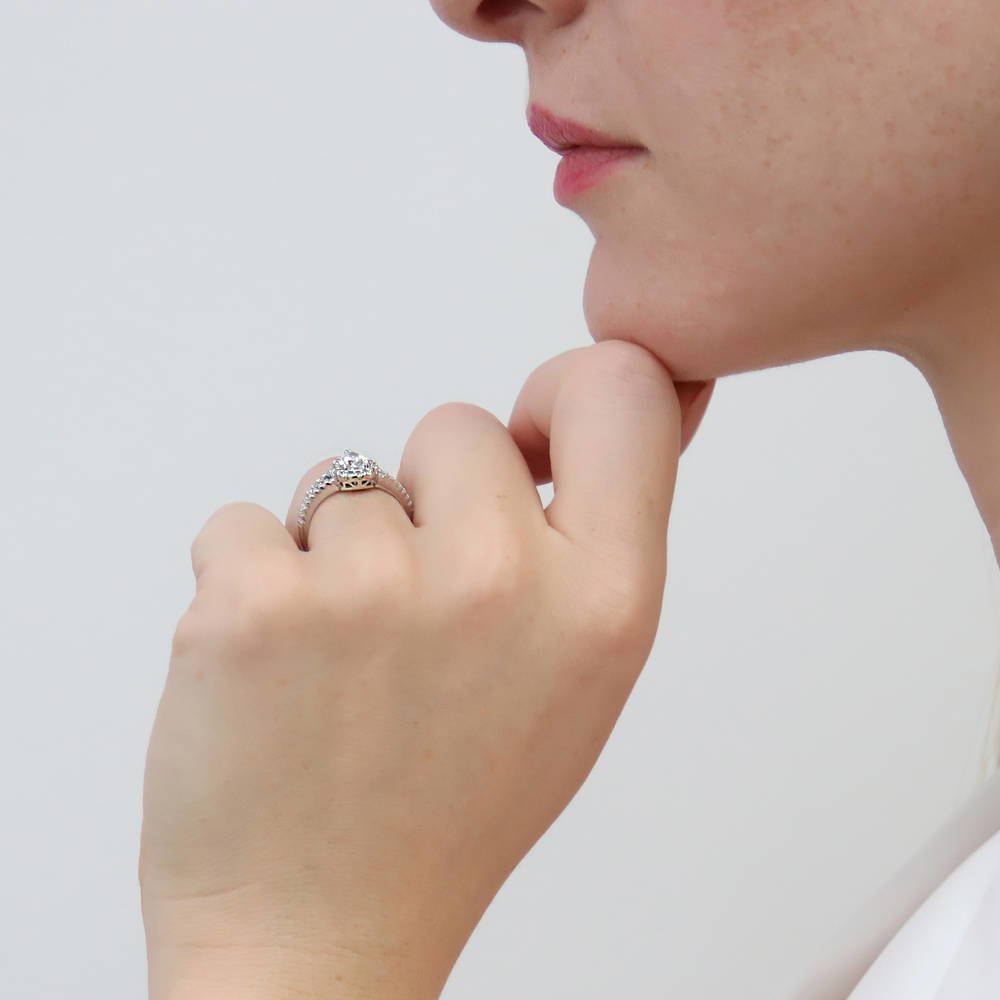 Model wearing Halo Pear CZ Split Shank Ring Set in Sterling Silver