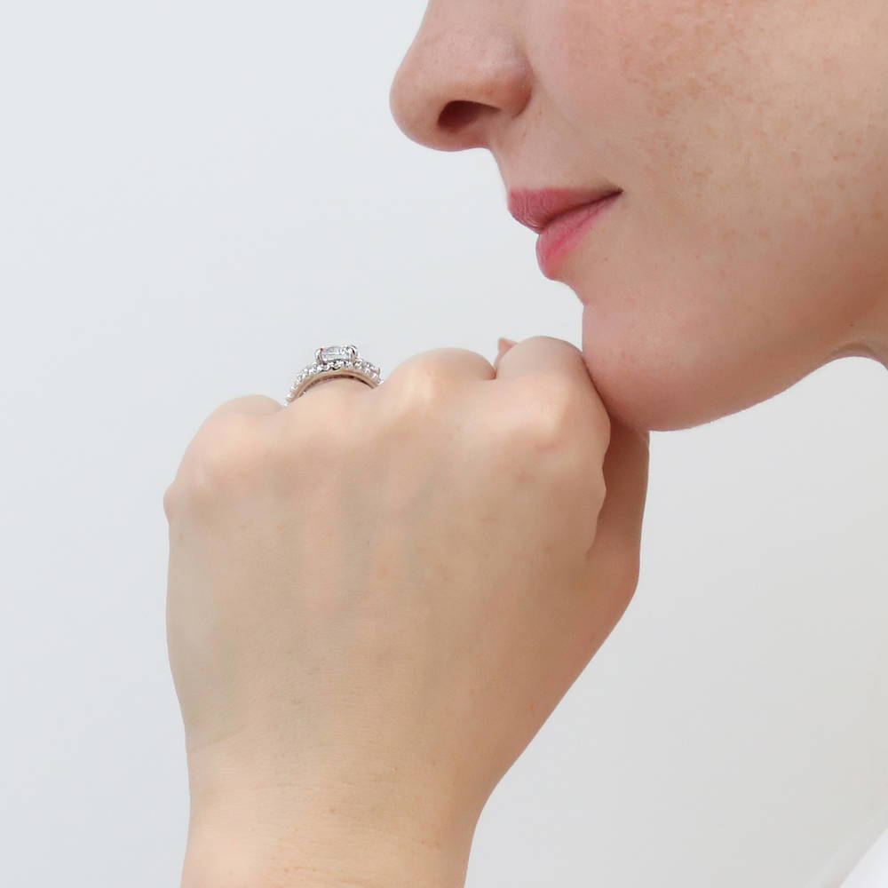 Model wearing 3-Stone Woven 2ct CZ Ring in Sterling Silver, 12 of 20