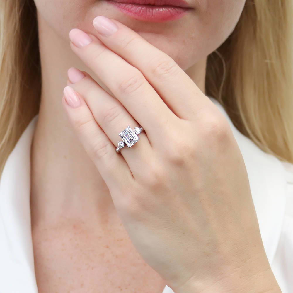 Model wearing 3-Stone Woven Emerald Cut CZ Ring Set in Sterling Silver, 9 of 17