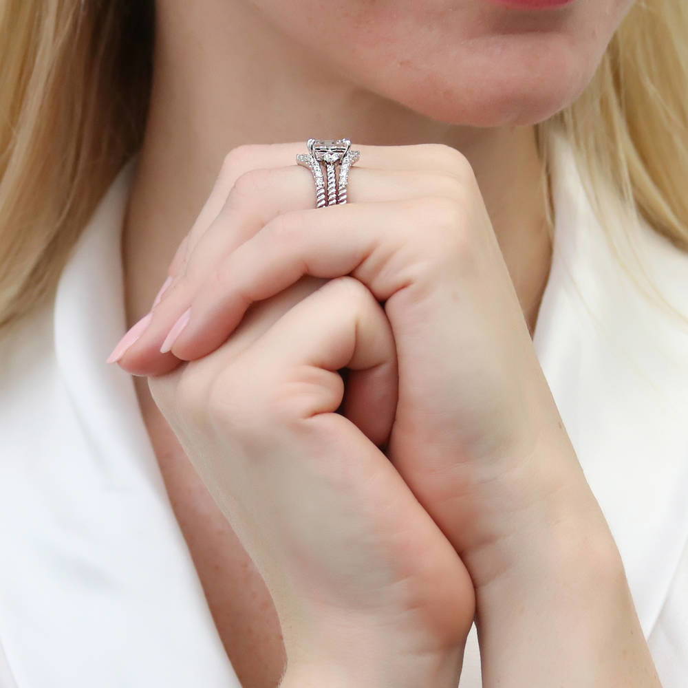 Model wearing Woven Wishbone Chevron Pave CZ Eternity Ring in Sterling Silver, 16 of 17