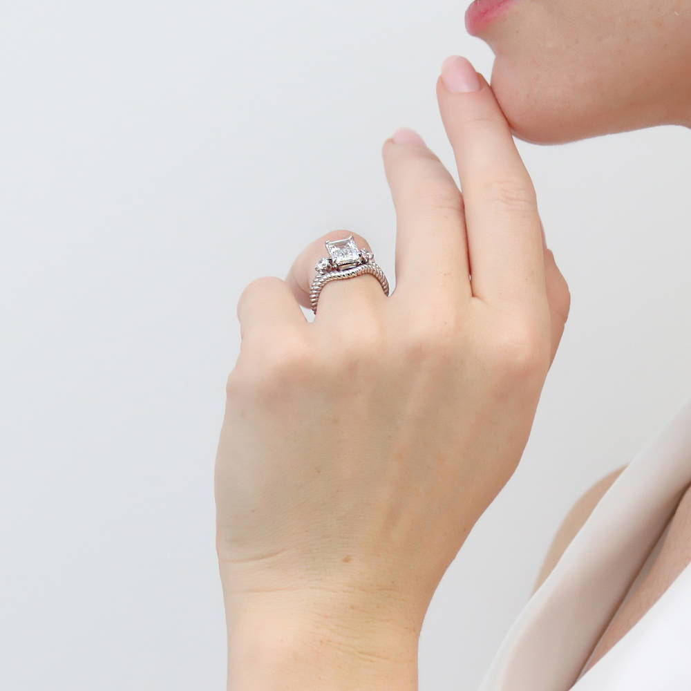 Model wearing 3-Stone Chevron Emerald Cut CZ Ring Set in Sterling Silver, 6 of 17