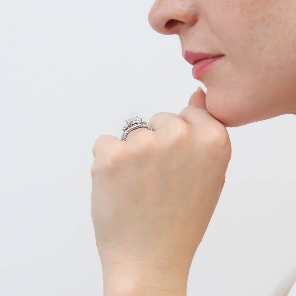 Model wearing 3-Stone Chevron Emerald Cut CZ Ring Set in Sterling Silver, 3 of 17