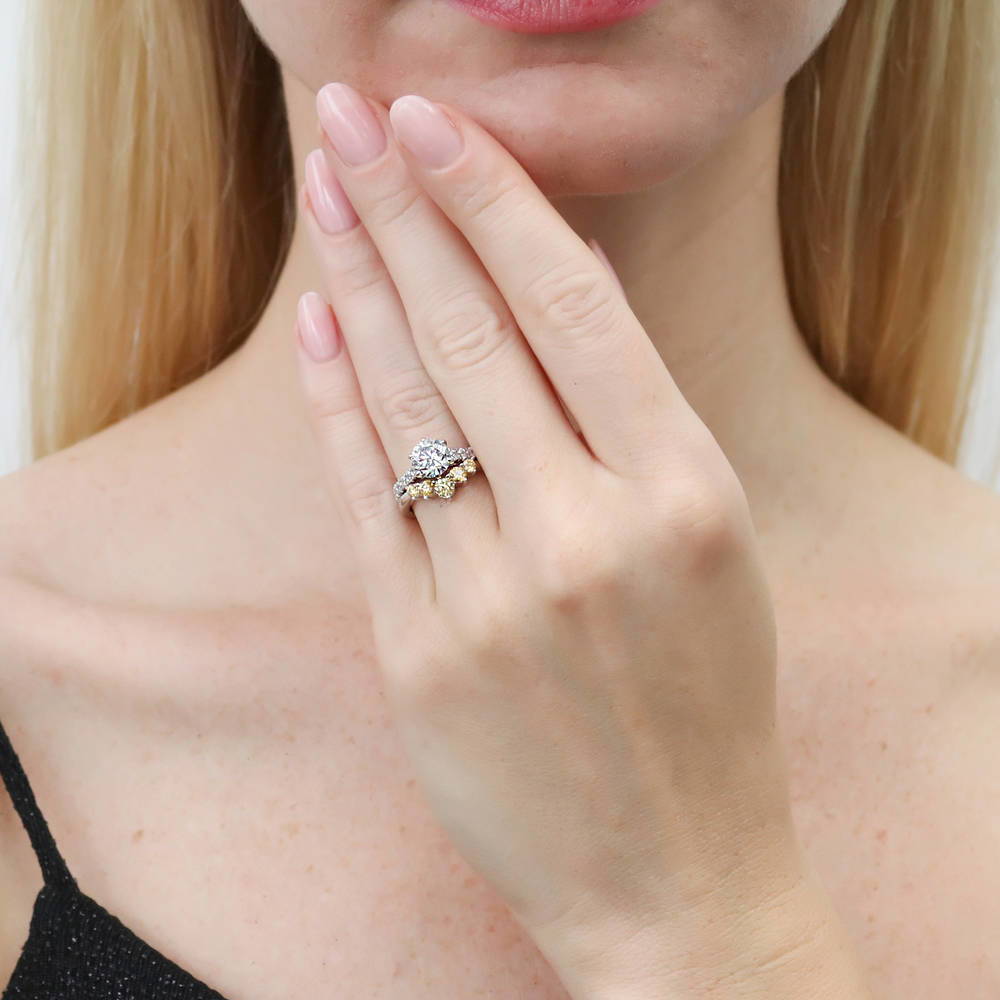 Model wearing 5-Stone Chevron CZ Ring Set in Sterling Silver, 2 of 20