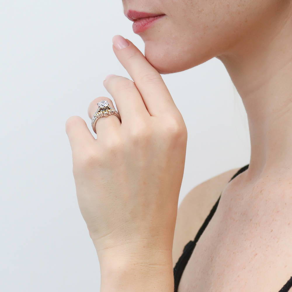 Model wearing 5-Stone Chevron CZ Ring Set in Sterling Silver, 6 of 20
