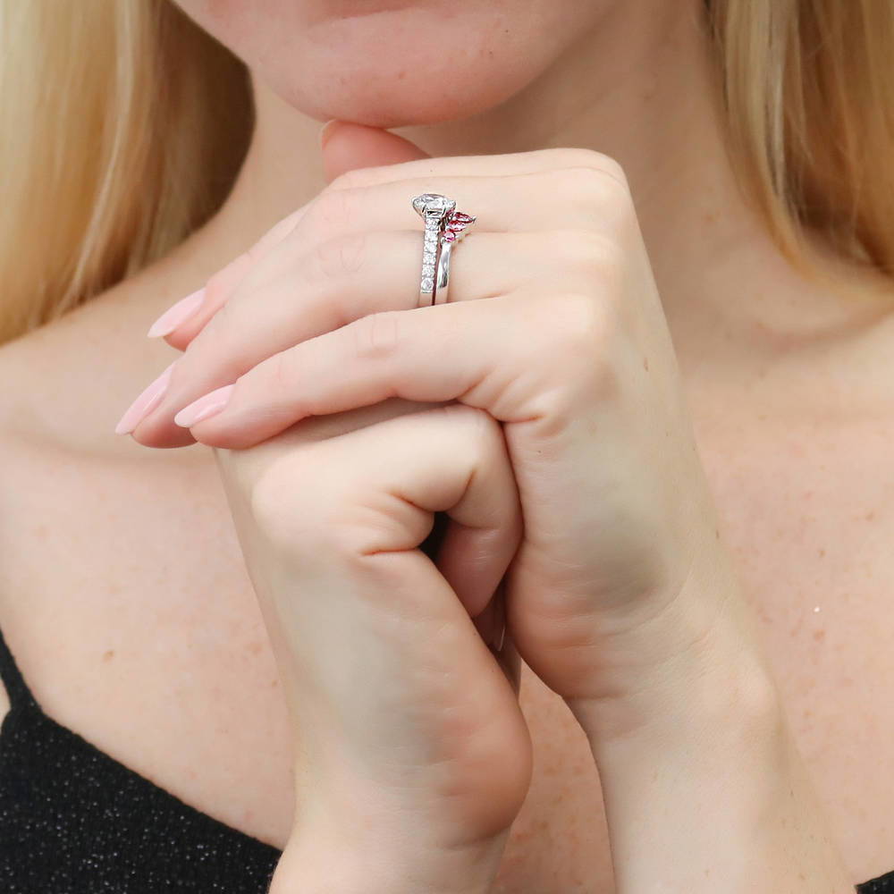 Model wearing 5-Stone Solitaire CZ Ring Set in Sterling Silver, 7 of 20