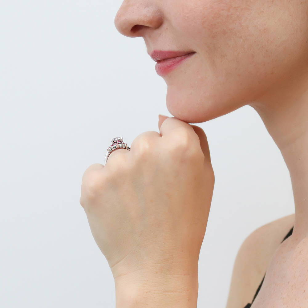 Model wearing 5-Stone Solitaire CZ Ring Set in Sterling Silver, 3 of 20