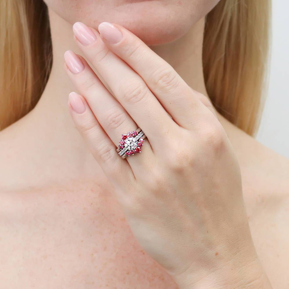 Model wearing 5-Stone Solitaire CZ Ring Set in Sterling Silver