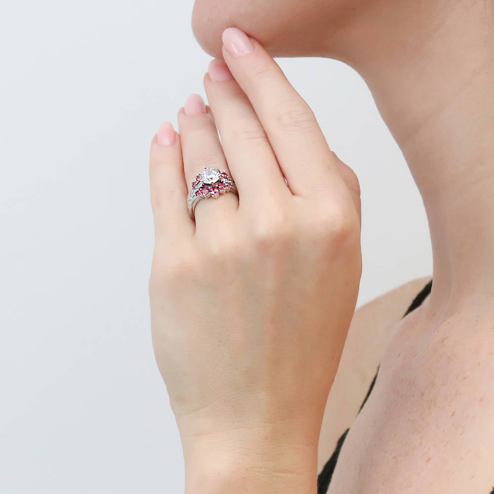 Model wearing 5-Stone Solitaire CZ Ring Set in Sterling Silver