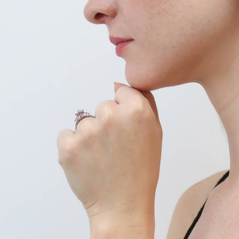 Model wearing 5-Stone Solitaire CZ Ring Set in Sterling Silver