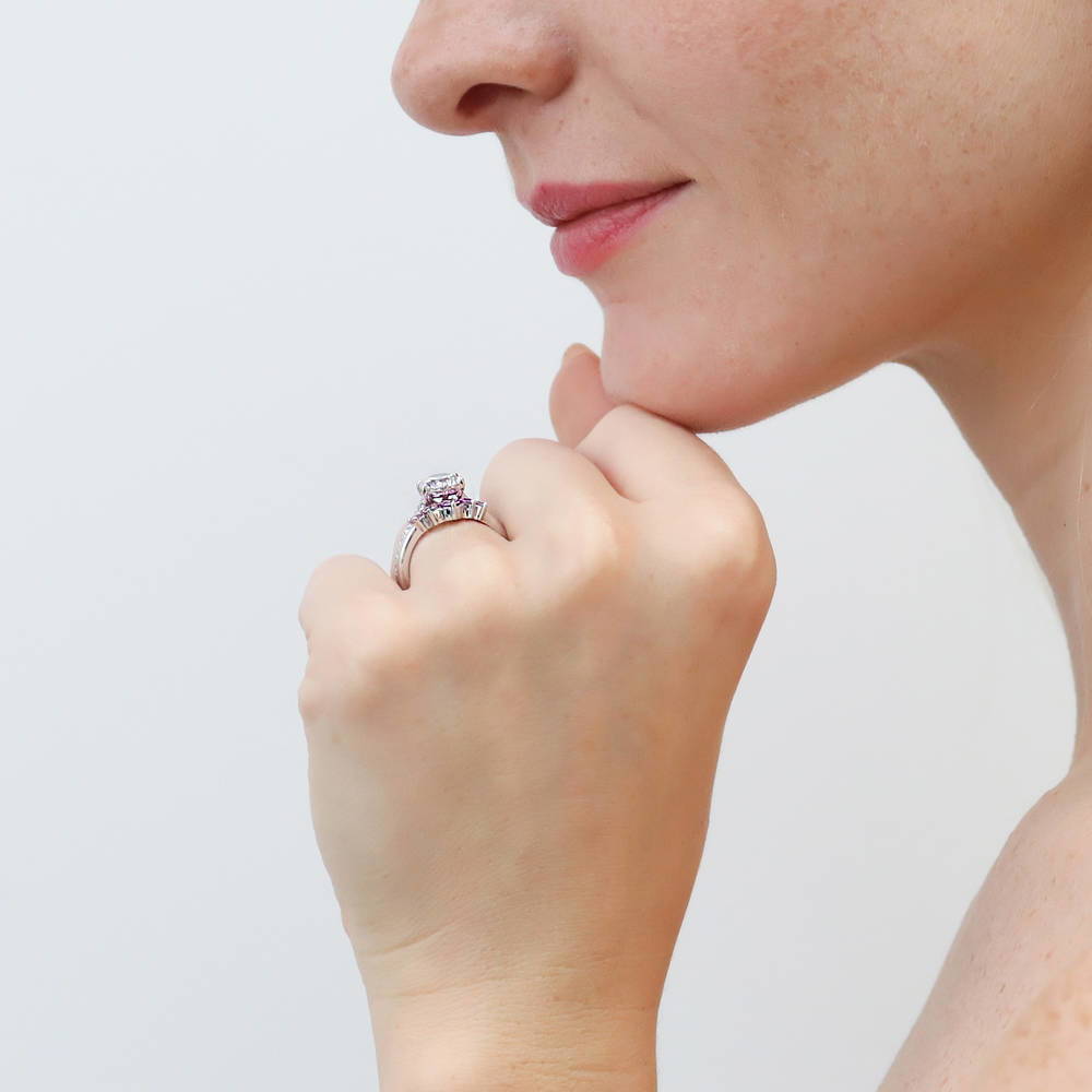 Model wearing 5-Stone Solitaire CZ Ring Set in Sterling Silver, 3 of 20