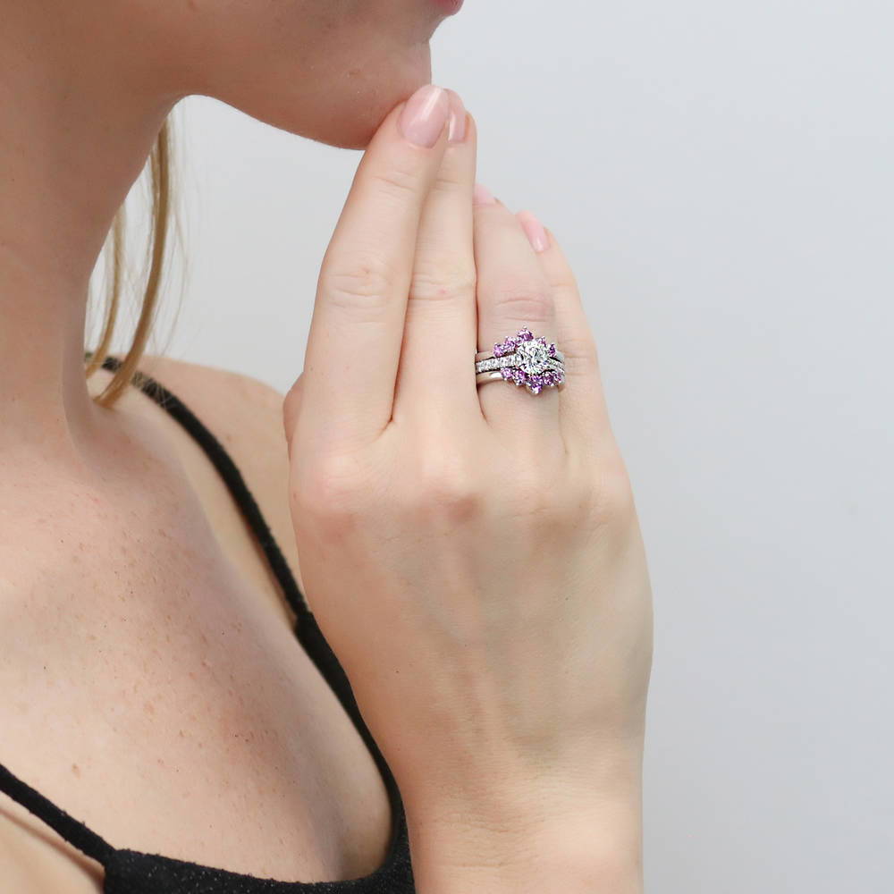 Model wearing 5-Stone Solitaire CZ Ring Set in Sterling Silver, 2 of 20