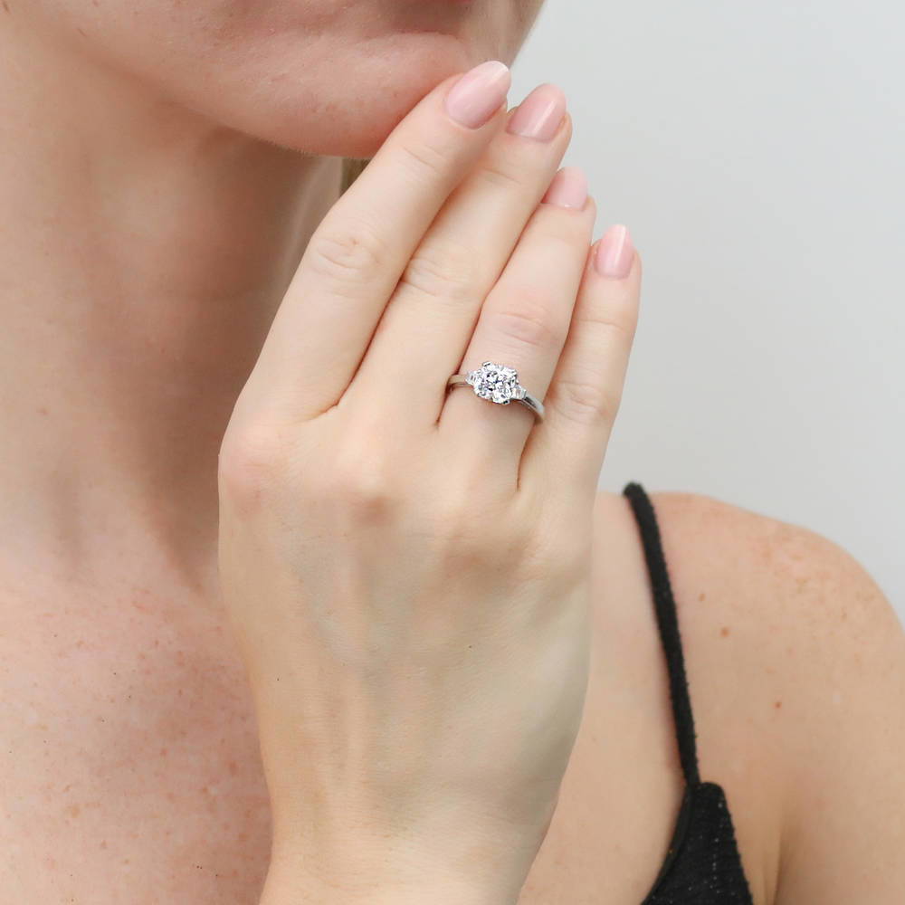 Model wearing 3-Stone Cushion CZ Ring in Sterling Silver, 5 of 10