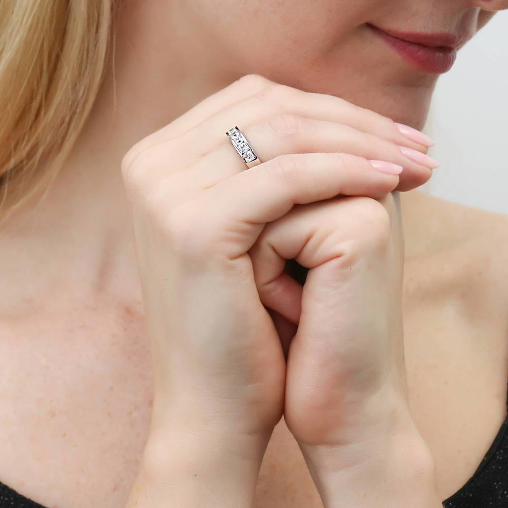 Model wearing Channel Cushion CZ Eternity Ring in Sterling Silver, 7 of 9