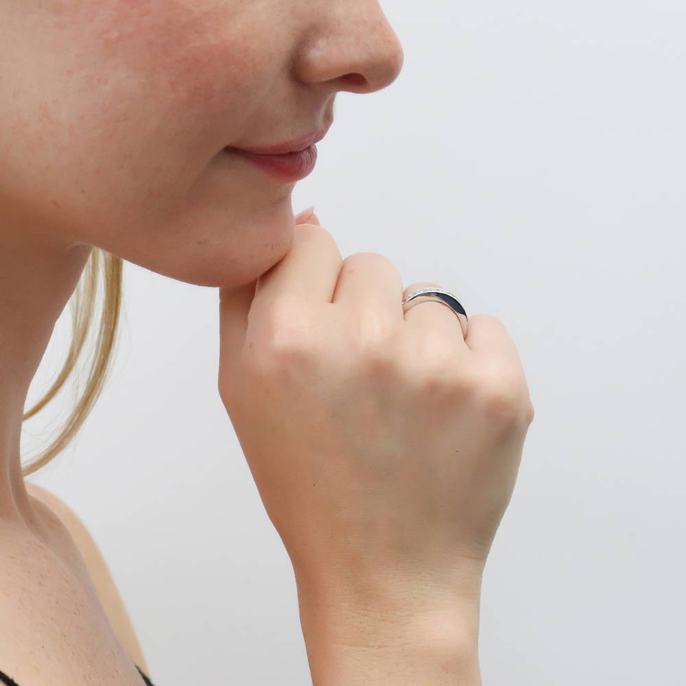 Model wearing Channel Cushion CZ Eternity Ring in Sterling Silver, 6 of 9