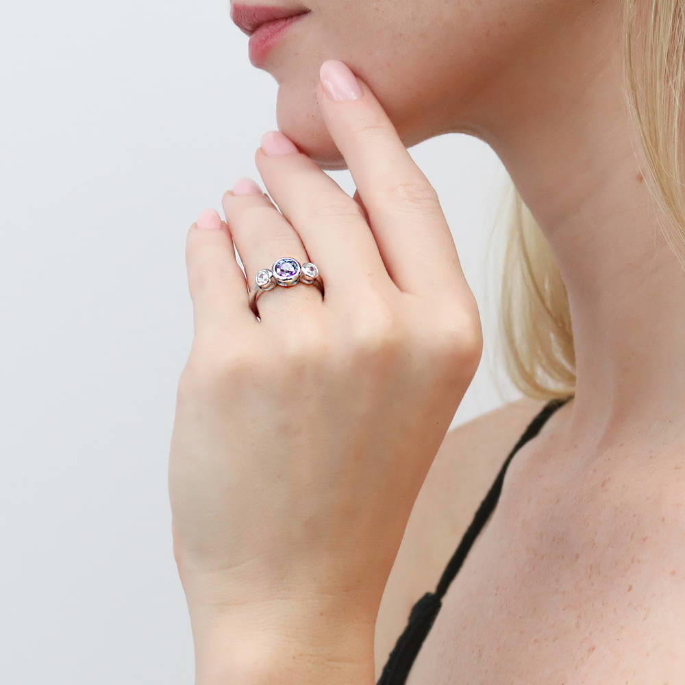 Model wearing 3-Stone Kaleidoscope 0.8ct Purple Aqua CZ Ring in Sterling Silver, 6 of 9