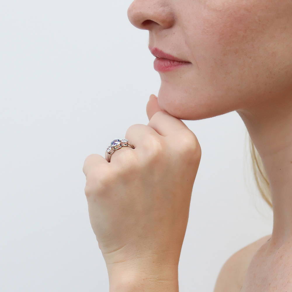 Model wearing 3-Stone Kaleidoscope 0.8ct Purple Aqua CZ Ring in Sterling Silver, 3 of 9