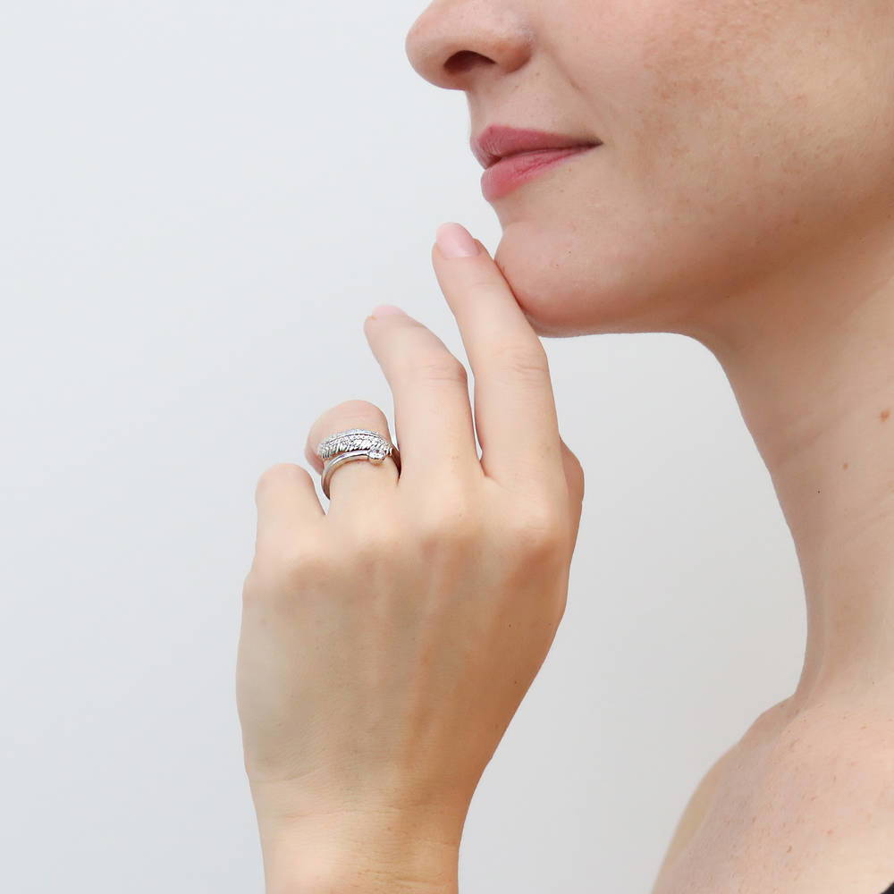 Model wearing Feather Bypass Wrap CZ Ring in Sterling Silver, 6 of 10