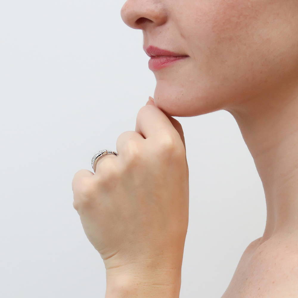 Model wearing Feather Bypass Wrap CZ Ring in Sterling Silver, 3 of 10
