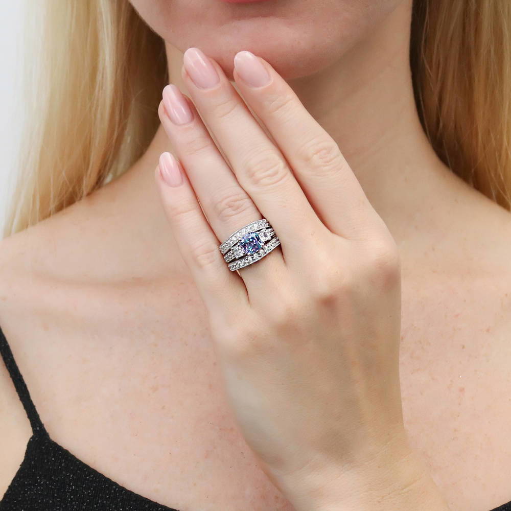 Model wearing 3-Stone Kaleidoscope Purple Aqua Cushion CZ Ring Set in Sterling Silver