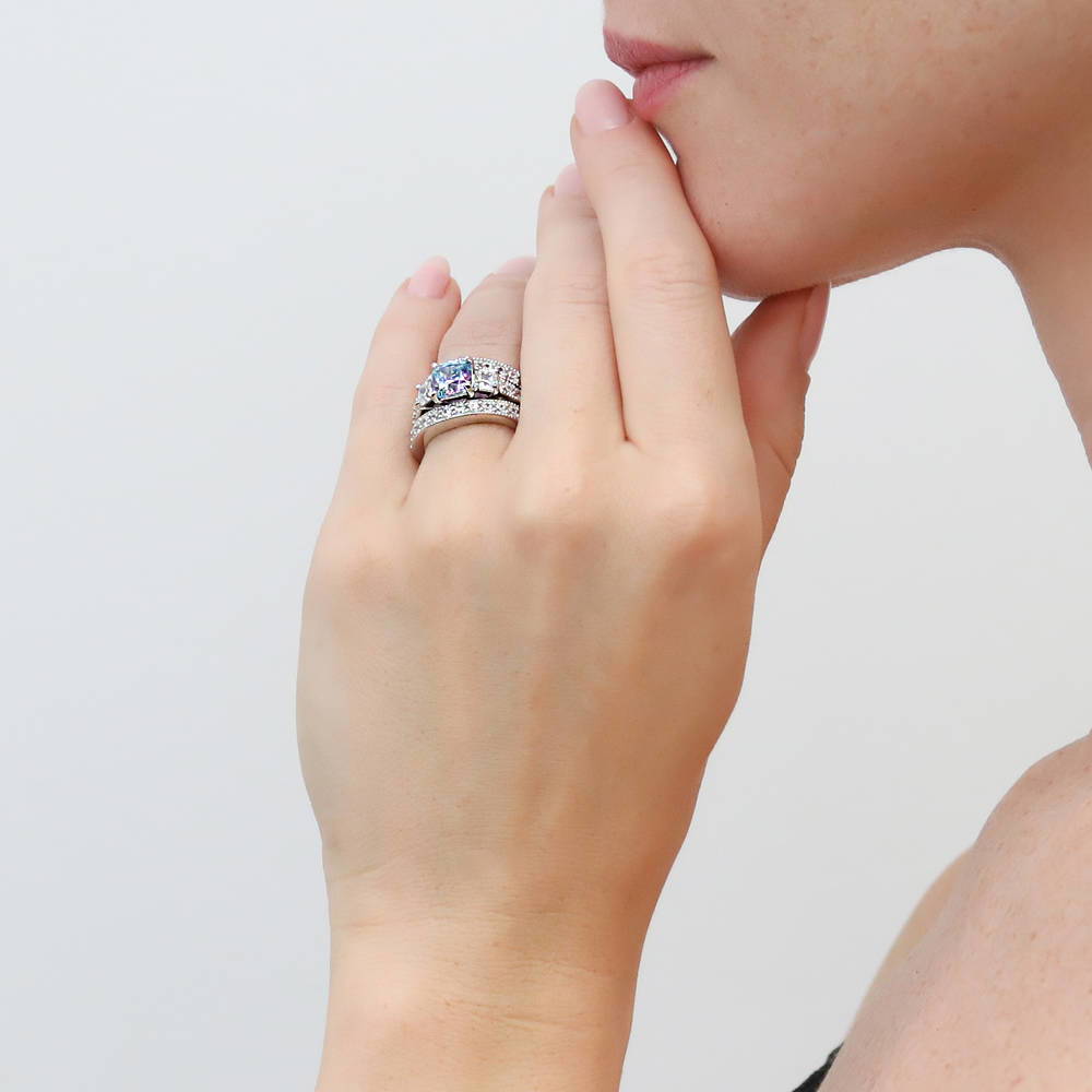 Model wearing 3-Stone Kaleidoscope Purple Aqua Cushion CZ Ring Set in Sterling Silver