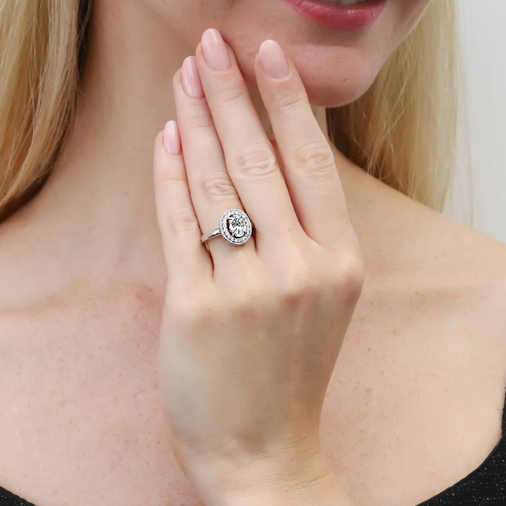 Model wearing Halo Woven Oval CZ Ring in Sterling Silver, 3 of 9