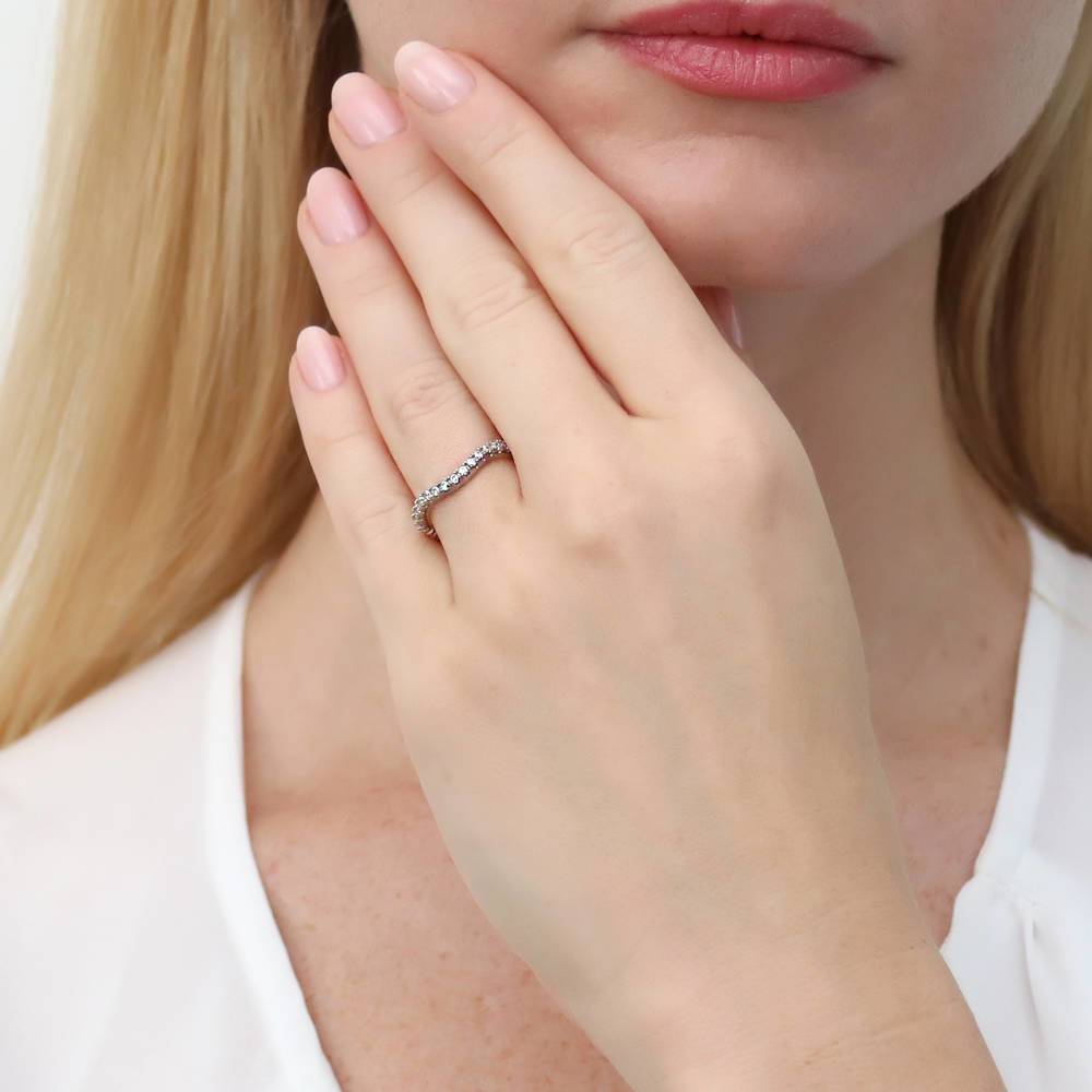 Model wearing Woven Wishbone Chevron CZ Eternity Ring in Sterling Silver, 2 of 9