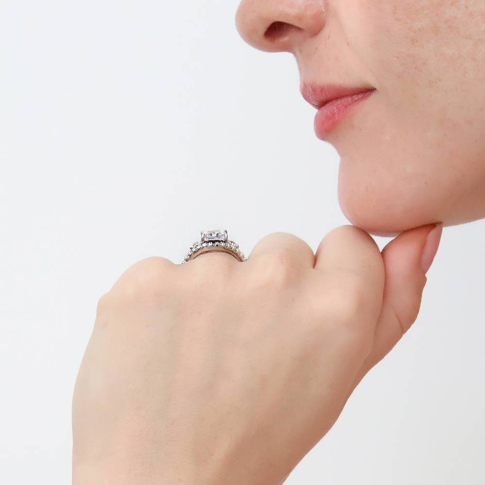 Model wearing 3-Stone Woven Princess CZ Ring Set in Sterling Silver, 3 of 17