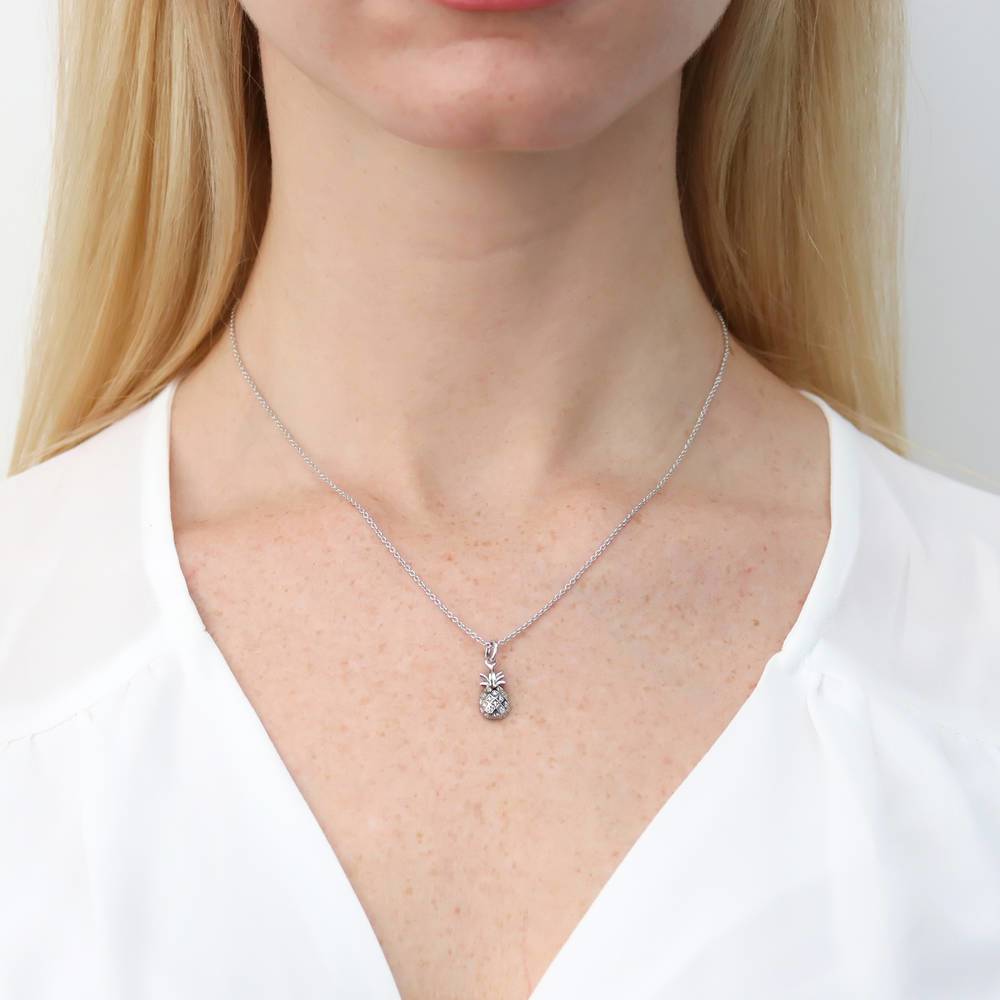 Model wearing Pineapple CZ Pendant Necklace in Sterling Silver, 2 of 7
