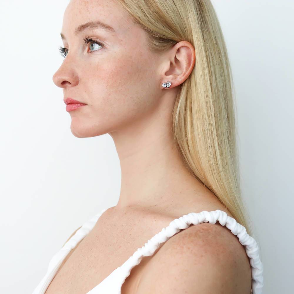Model wearing 2-Stone CZ Stud Earrings in Sterling Silver, 3 of 4