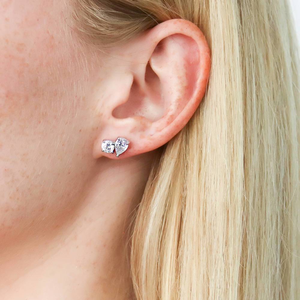 Model wearing 2-Stone CZ Stud Earrings in Sterling Silver, 2 of 4