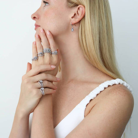 Model Wearing Woven Curved Band, Woven Ring