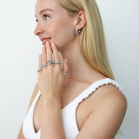 Model Wearing 5-Stone Band, 5-Stone Hoop Earrings, 5-Stone Ring, Solitaire with Side Stones Ring