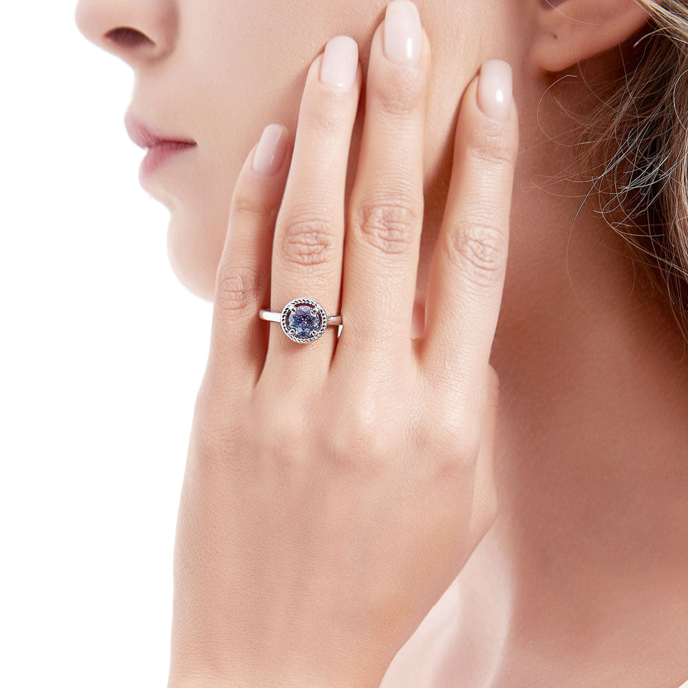 Model wearing Solitaire Purple Aqua Round CZ Ring in Sterling Silver 1.25ct, 6 of 9